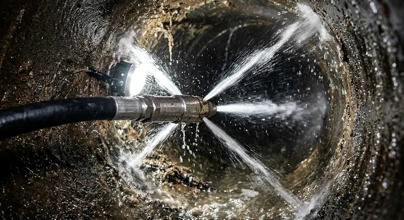 High-pressure hydro jetting nozzle cleaning sewer pipe for Sewer Cleanout in St. George