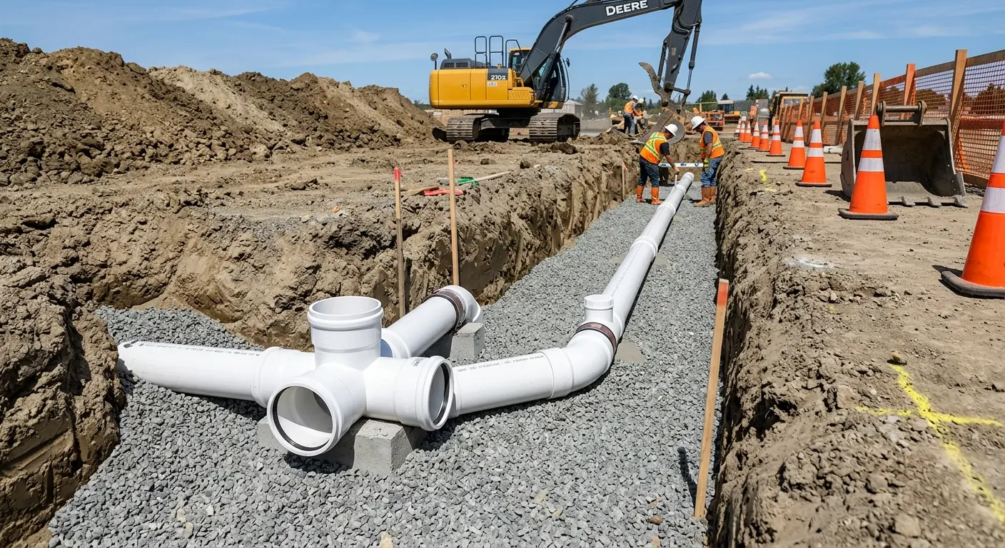 New PVC sewer pipe installation in open trench for Sewer Backup in St. George
