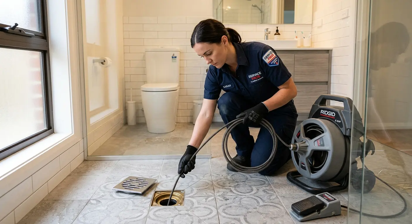 Technician clearing a bathroom floor drain for Drain Cleaning in St. George